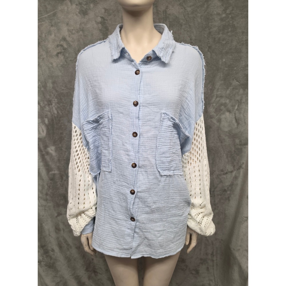 POL Openwork Lantern Sleeve Gauze Button Down Boho Comfy Crochet Lagenlook Med.